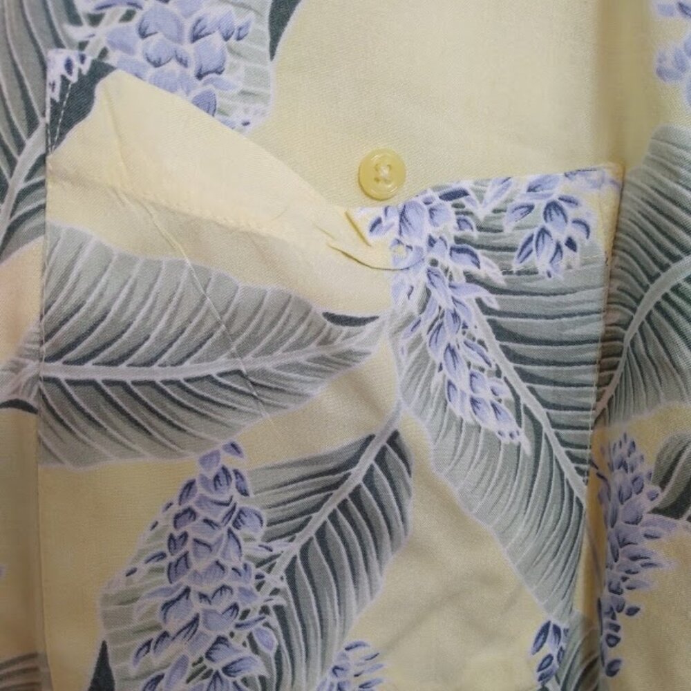 Vintage Hawaiian Men's Camp Shirt XXL Yellow Blue Palm Print Rayon Beach Casual - Picture 11 of 11